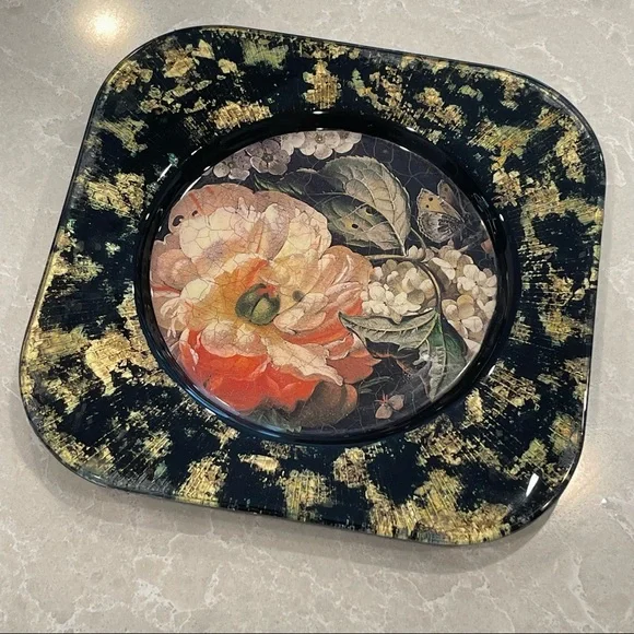 Vintage Signed Lesley Roy Gold Aventurine Lepidoptera Butterfly & Flowers Plate - Picture 5 of 7